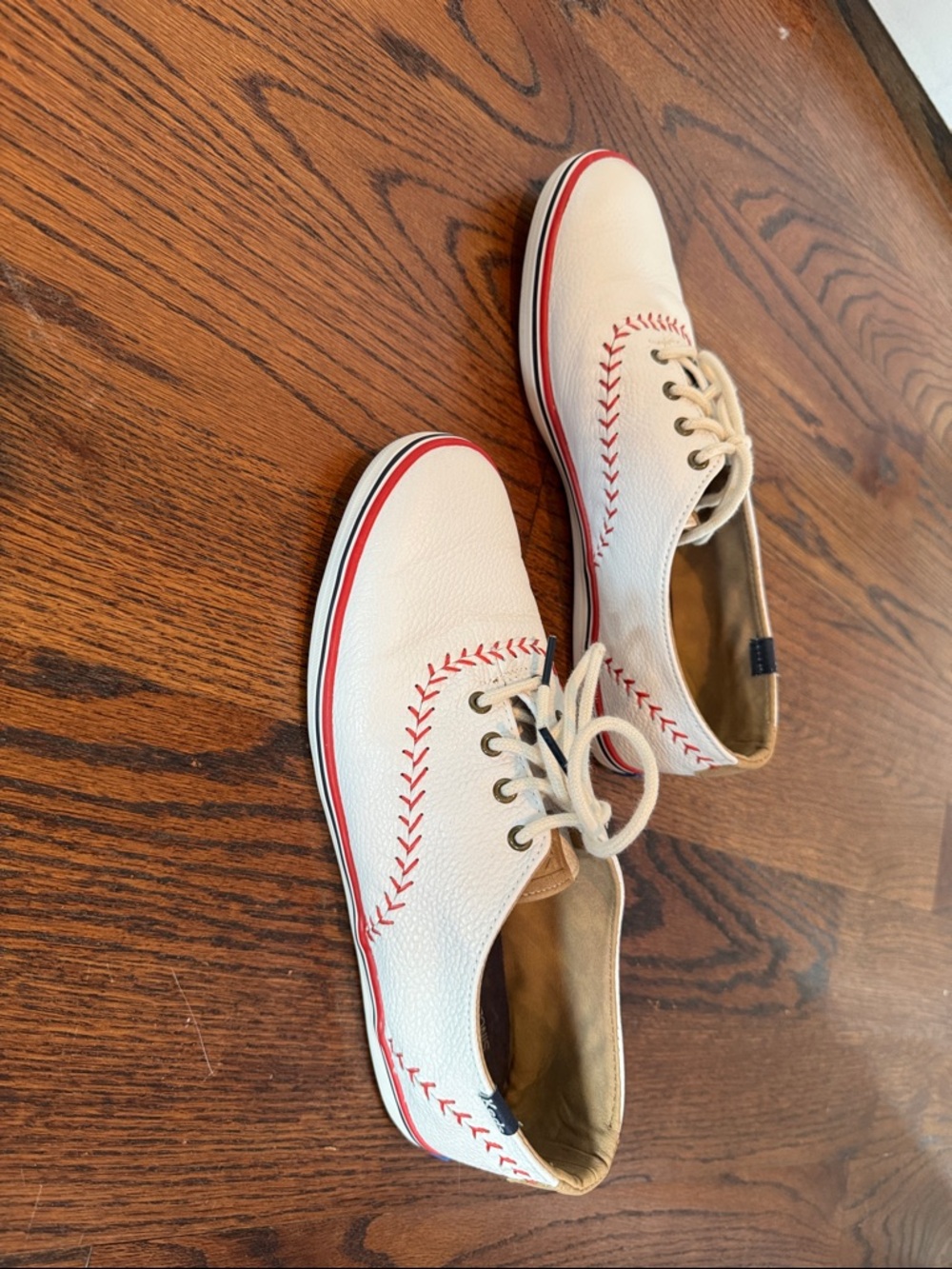 Keds Cream Leather Baseball Sneakers with Red Stitching